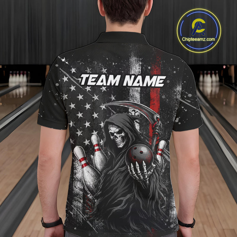 Bowler wearing American flag Grim Reaper bowling polo shirt on the lanes - back view