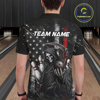 Bowler wearing American flag Grim Reaper bowling polo shirt on the lanes - back view