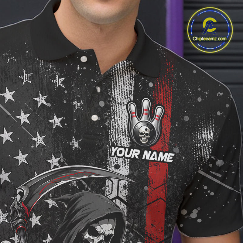 Close-up of American flag Grim Reaper Halloween skull print on bowling polo shirt