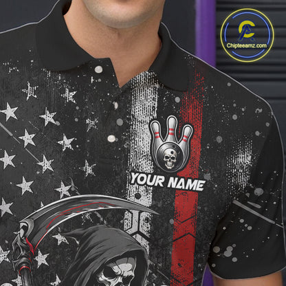 Close-up of American flag Grim Reaper Halloween skull print on bowling polo shirt