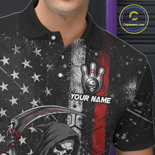 Load image into Gallery viewer, Close-up of American flag Grim Reaper Halloween skull print on bowling polo shirt
