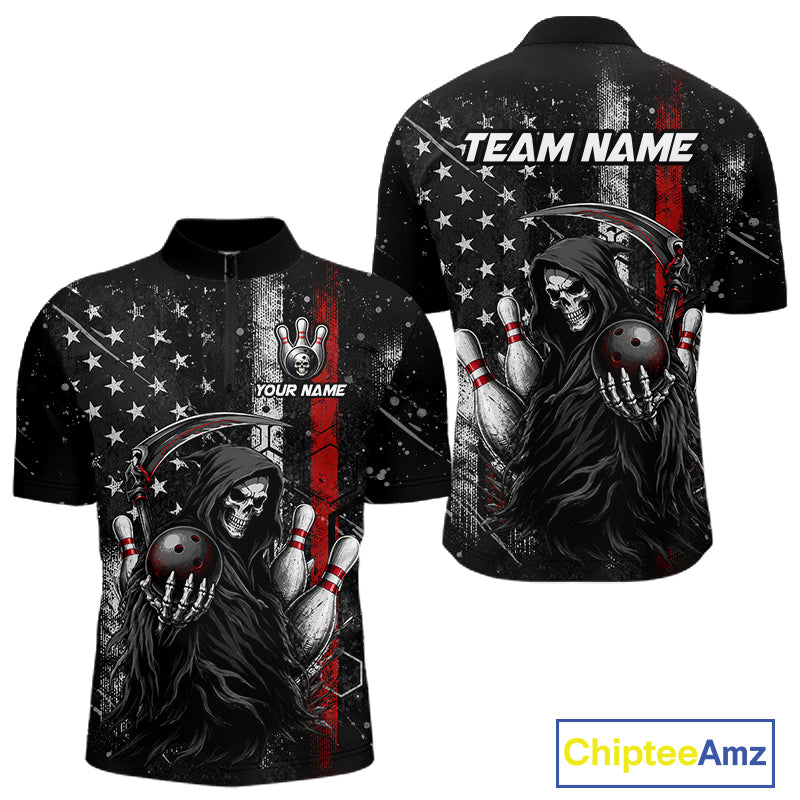 Front and back view of American flag custom Grim Reaper bowling quarter zip shirt for men