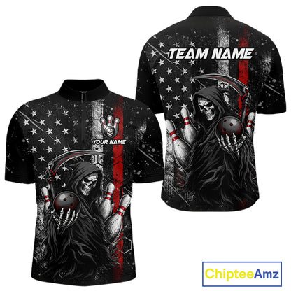 Front and back view of American flag custom Grim Reaper bowling quarter zip shirt for men