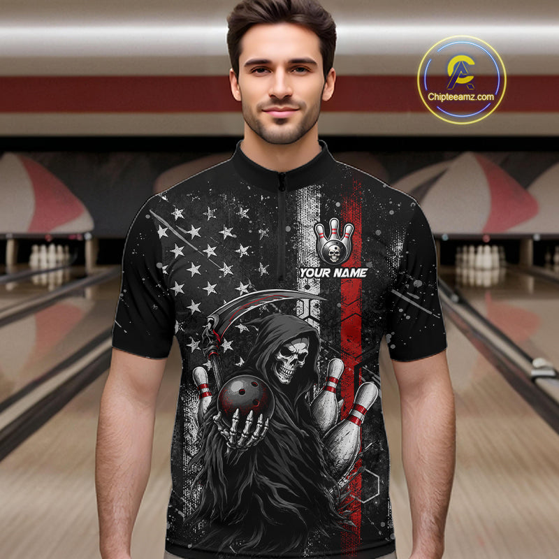 Bowler wearing American flag Grim Reaper bowling quarter zip shirt on the lanes