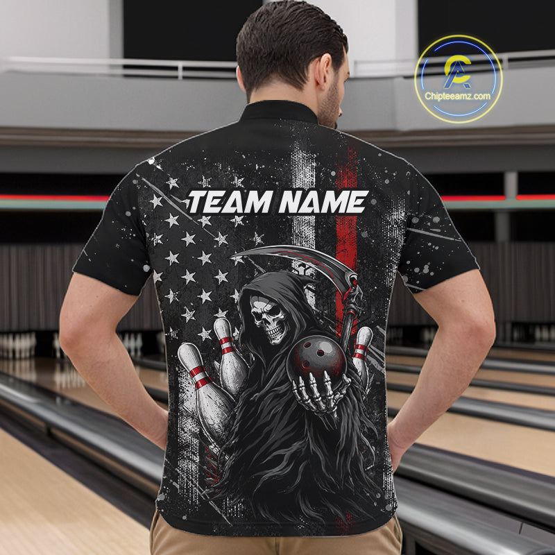 Bowler wearing American flag Grim Reaper bowling polo shirt on the lanes - back view