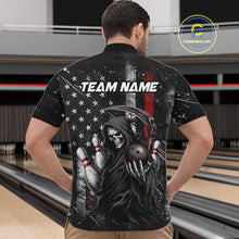 Load image into Gallery viewer, Bowler wearing American flag Grim Reaper bowling polo shirt on the lanes - back view