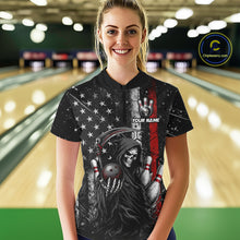 Load image into Gallery viewer, Bowler wearing American flag Grim Reaper bowling quarter zip shirt on the lanes
