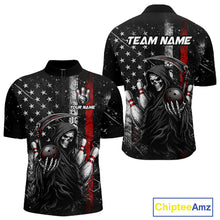 Load image into Gallery viewer, Front and back view of American flag custom Grim Reaper bowling quarter zip shirt for men