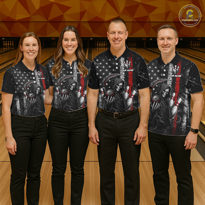 Bowling team wearing matching American flag Grim Reaper custom polo shirts with personalized names