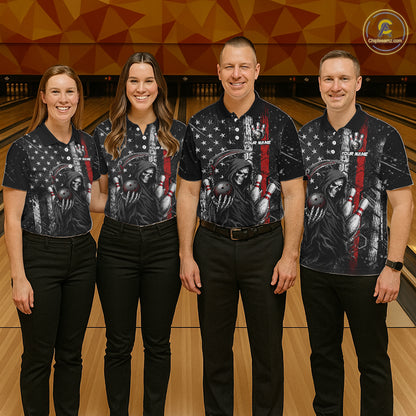 Bowling team wearing matching American flag Grim Reaper custom polo shirts with personalized names