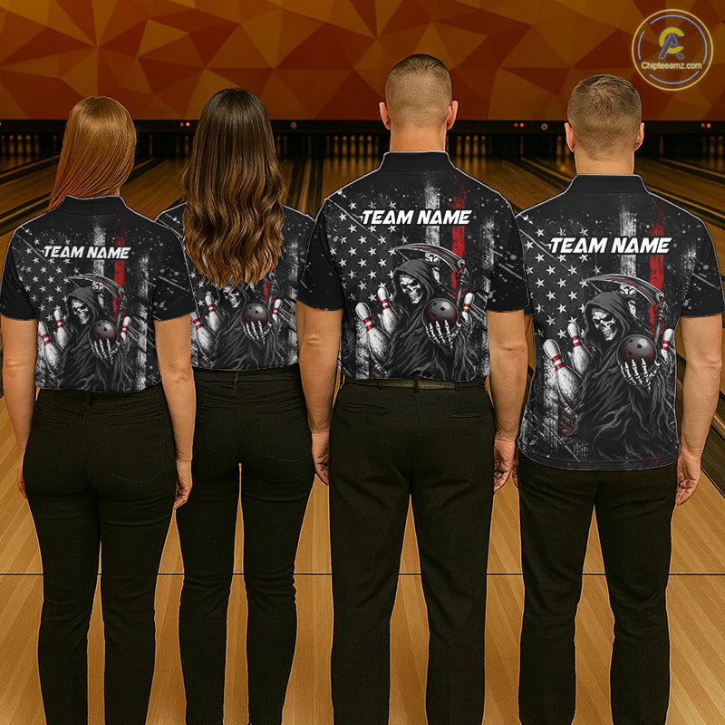 Bowling team wearing matching American flag Grim Reaper custom polo shirts with personalized names - back view