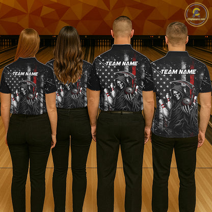 Bowling team wearing matching American flag Grim Reaper custom polo shirts with personalized names - back view