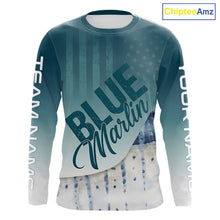Load image into Gallery viewer, Front view of personalized American Flag Marlin long sleeve fishing shirt with patriotic design