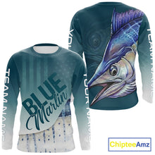Load image into Gallery viewer, Front and back view of American Flag Marlin patriotic fishing jersey with personalized name on sleeves