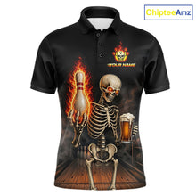Load image into Gallery viewer, Front view of black and orange fire flame beer skull bowling team polo shirt for men