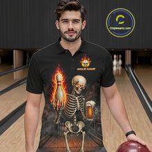 Load image into Gallery viewer, Bowler wearing black and orange fire flame beer skull bowling shirt on the lanes