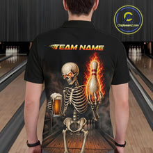 Load image into Gallery viewer, Bowler wearing black and orange fire flame beer skull bowling shirt on the lanes - back view