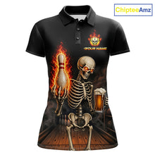 Load image into Gallery viewer, Front view of black and orange fire flame beer skull bowling team polo shirt for women