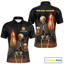 Load image into Gallery viewer, Front and back view of black and orange fire flame beer skull bowling team polo shirt for men