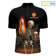 Load image into Gallery viewer, Front view of black and orange fire flame beer skull bowling team 1/4 quarter zip shirt for men