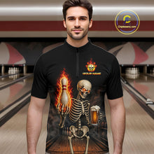 Load image into Gallery viewer, Front view of black and orange fire flame beer skull bowling quarter zip jersey for men