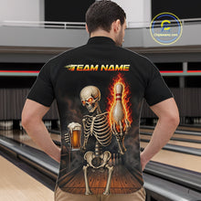 Load image into Gallery viewer, Front and back view of black and orange fire flame beer skull bowling quarter zip jersey for men