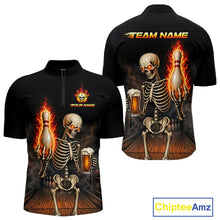 Load image into Gallery viewer, Front and back view of black and orange fire flame beer skull bowling team 1/4 quarter zip shirt for men