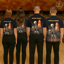Load image into Gallery viewer, Bowling team wearing matching black and orange fire flame beer skull custom jerseys - back view