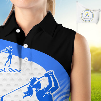Blue Zebra Pattern Womens Sleeveless Golf Polo Shirts Custom Name Gift For Golf Lovers NBT582