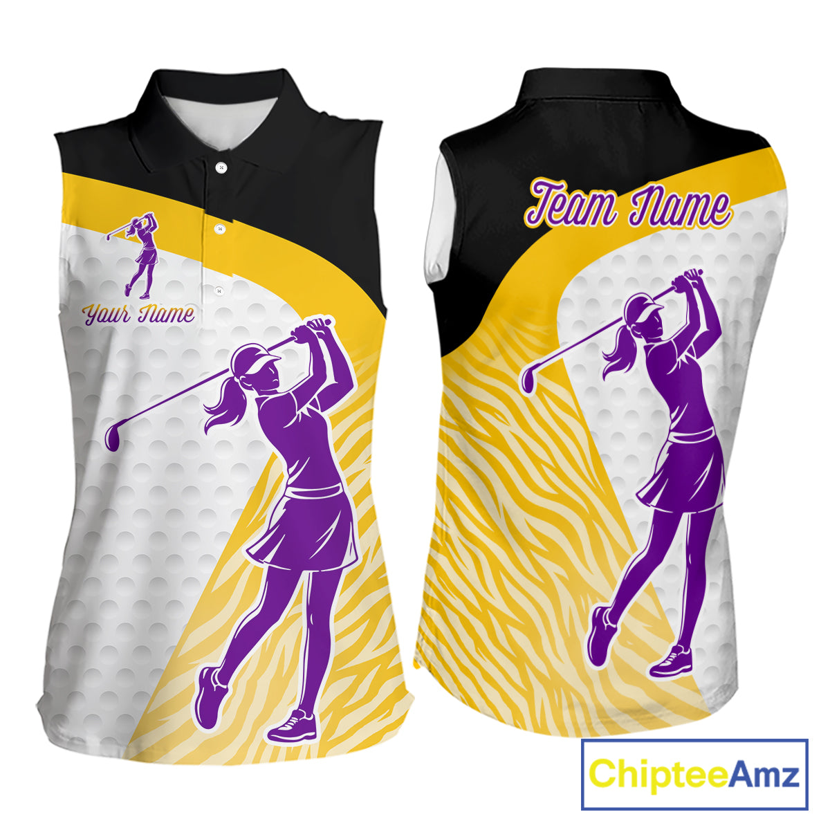Yellow & Purple  Zebra Pattern Womens Sleeveless Golf Polo Shirts Custom Name Gift For Golf Lovers NBT583