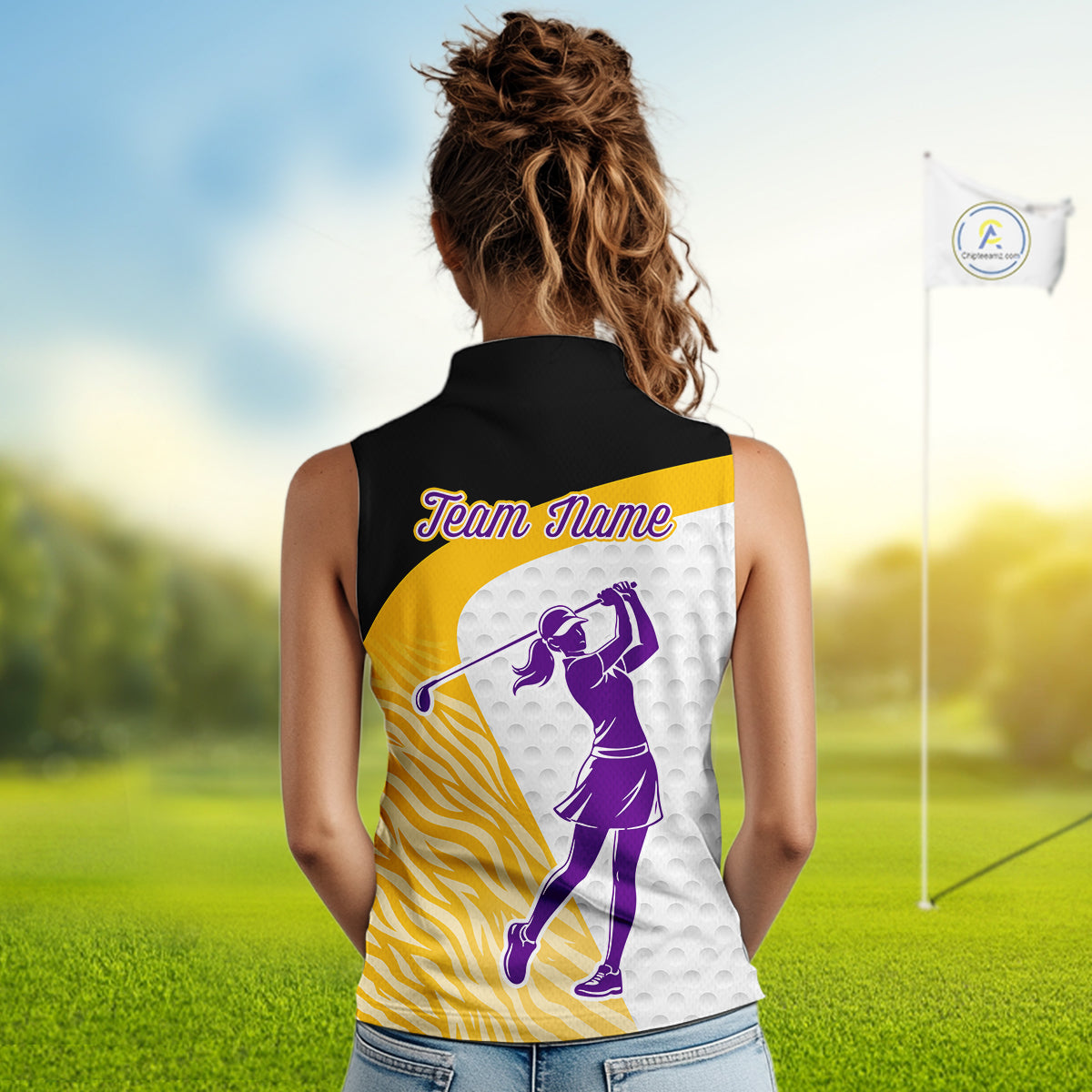 Yellow & Purple  Zebra Pattern Womens Sleeveless Golf Polo Shirts Custom Name Gift For Golf Lovers NBT583