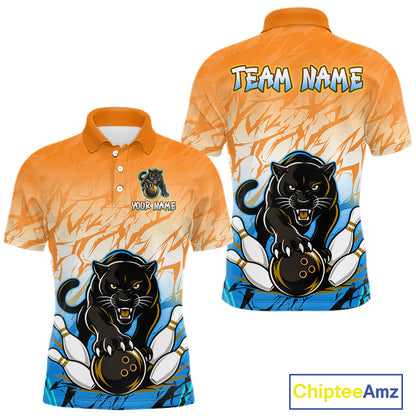Front and back view of custom orange and blue leopard bowling polo shirt for men