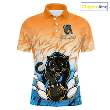Load image into Gallery viewer, Front view of custom orange and blue leopard bowling polo shirt for men