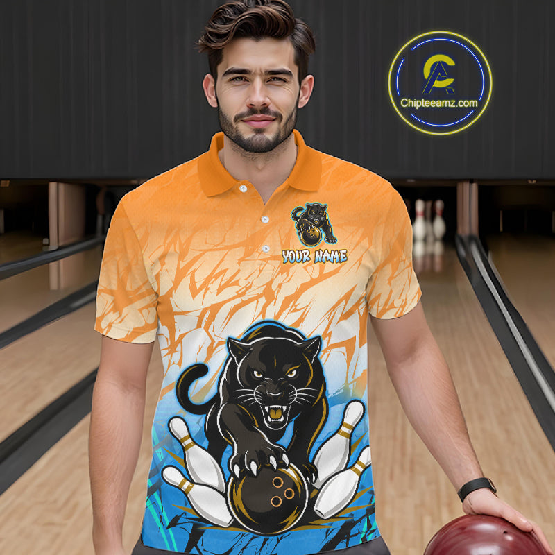 Bowler wearing custom orange and blue leopard bowling shirt on the lanes