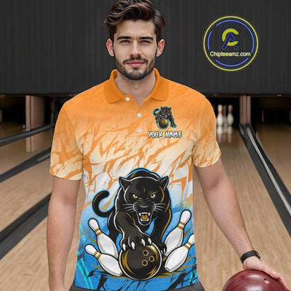 Bowler wearing custom orange and blue leopard bowling shirt on the lanes