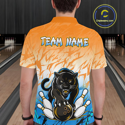 Bowler wearing custom orange and blue leopard bowling shirt on the lanes