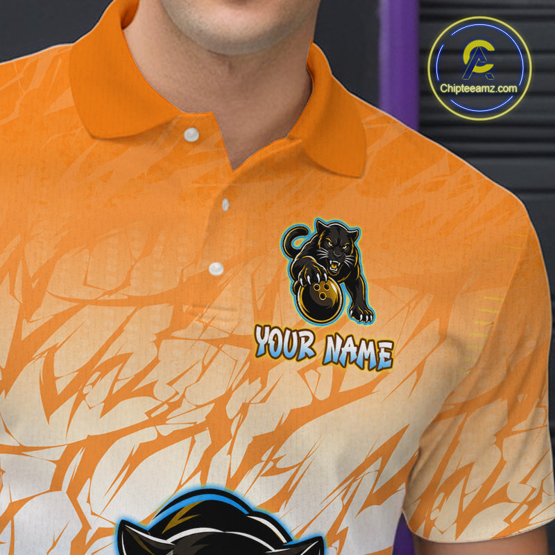 Detail view or back of orange and blue leopard bowling polo shirt with custom name on the chest
