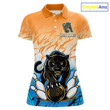 Load image into Gallery viewer, Front view of custom orange and blue leopard bowling polo shirt for women