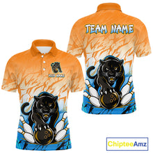 Load image into Gallery viewer, Front and back view of custom orange and blue leopard bowling polo shirt for men