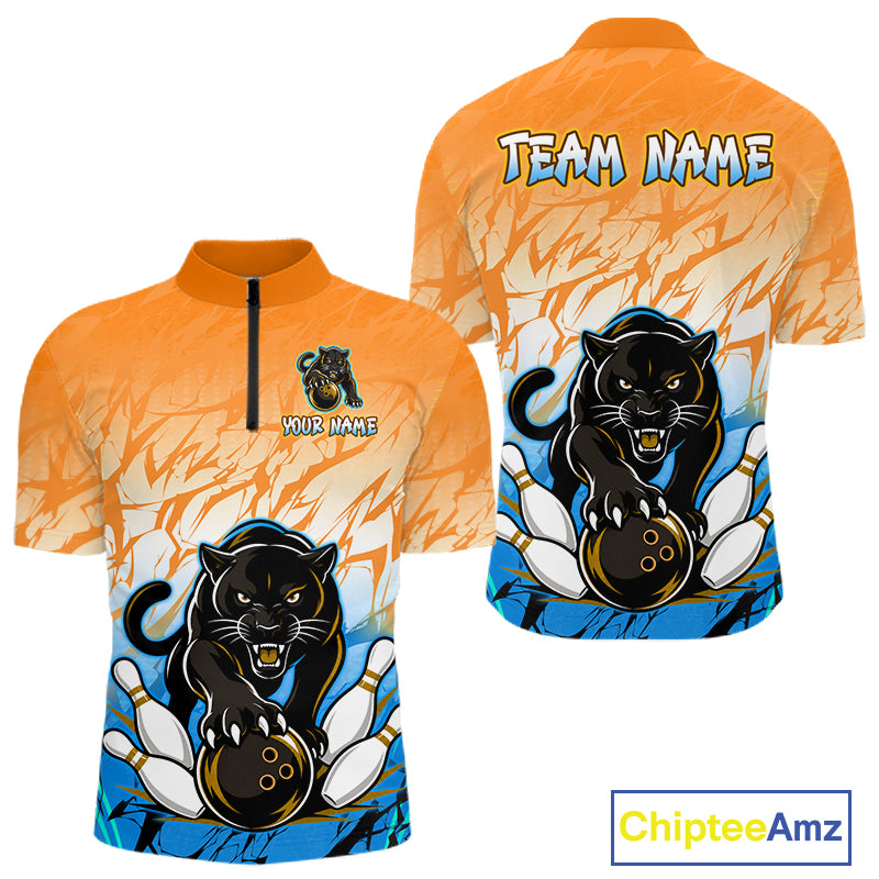 Front and back view of custom orange and blue leopard bowling quarter zip shirt for men