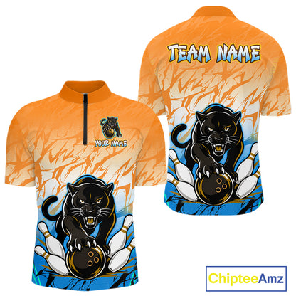Front and back view of custom orange and blue leopard bowling quarter zip shirt for men