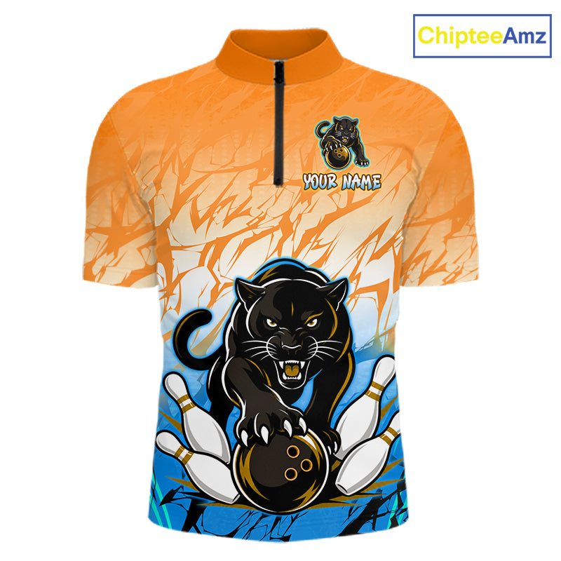 Front view of custom orange and blue leopard bowling quarter zip shirt for men
