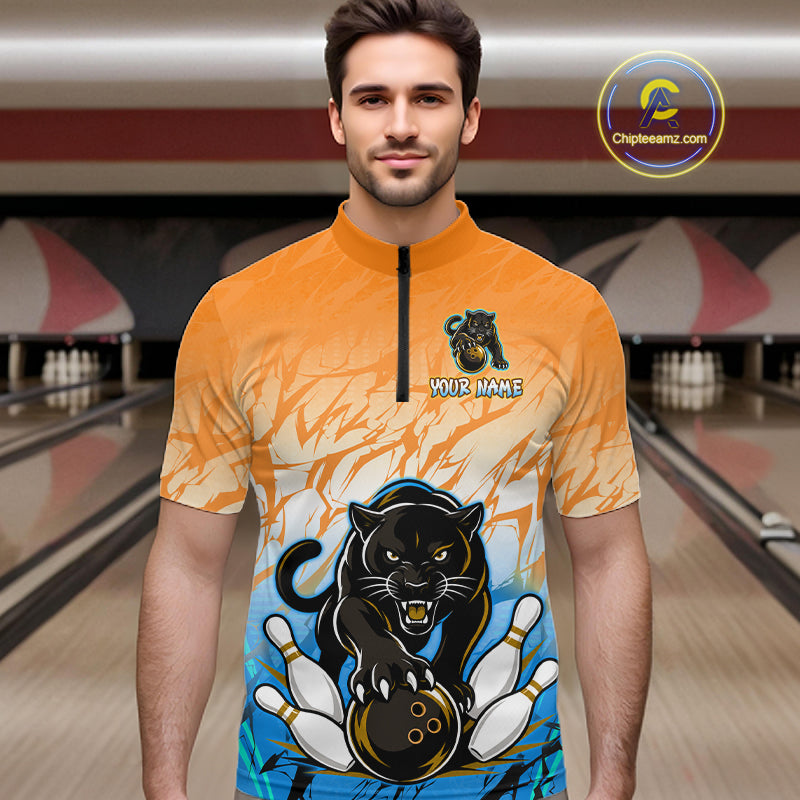 Custom Orange And Blue Leopard Bowling Men Polo & 1/4 Quarter Zip Shirt, Bowling League Team Shirt NBT889