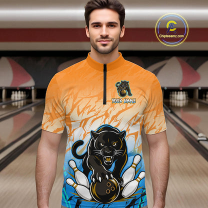 Custom Orange And Blue Leopard Bowling Men Polo & 1/4 Quarter Zip Shirt, Bowling League Team Shirt NBT889