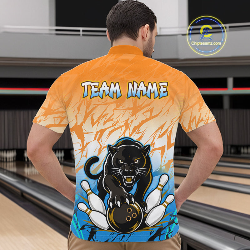 Custom Orange And Blue Leopard Bowling Men Polo & 1/4 Quarter Zip Shirt, Bowling League Team Shirt NBT889