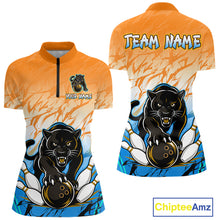 Load image into Gallery viewer, Front and back view of custom orange and blue leopard bowling quarter zip shirt for women