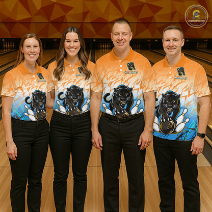 Bowling team wearing matching custom orange and blue leopard league shirts with personalized names