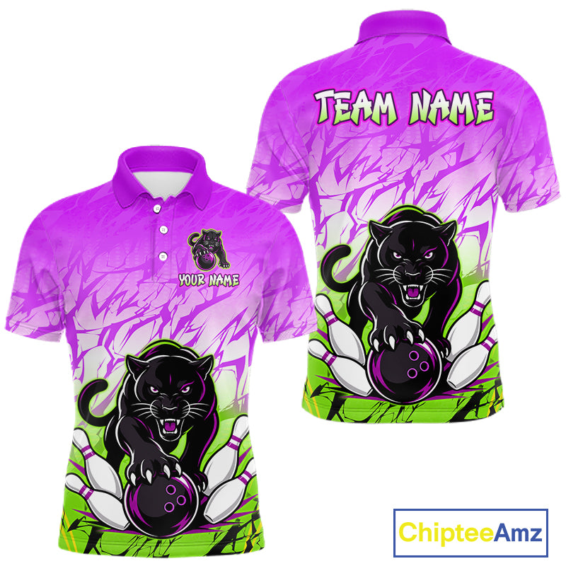 Front and back view of custom purple and green leopard bowling polo shirt for men