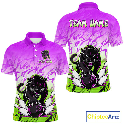 Front and back view of custom purple and green leopard bowling polo shirt for men