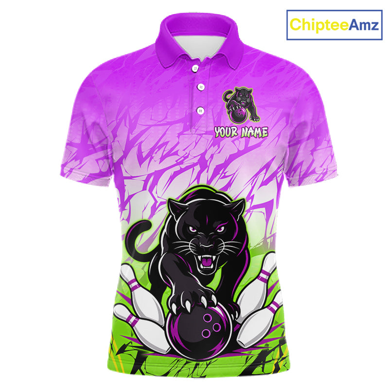 Front view of custom purple and green leopard bowling polo shirt for men